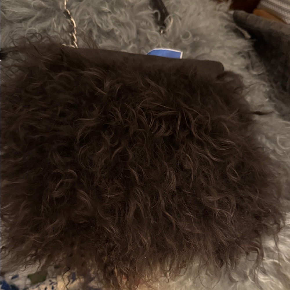 NWT Signed Designer Mongolian fur & Pebbled leather shoulder bag in Chocolate